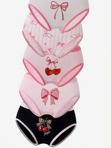 SHEIN [5pcs Random Assortment]All Season Random Girls Toddler Multi-Color Cute Heart Bow Cherry Simple Cute Multi-Color Multi-Pattern Traceable Cotton Printed Combination Triangle Panties - Multicolor - View 4