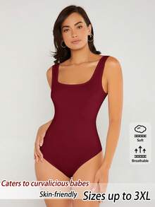 SHEIN BASICS 大尺碼女款純色方領休閒背心連身衣 - 酒紅色 - 查看 1