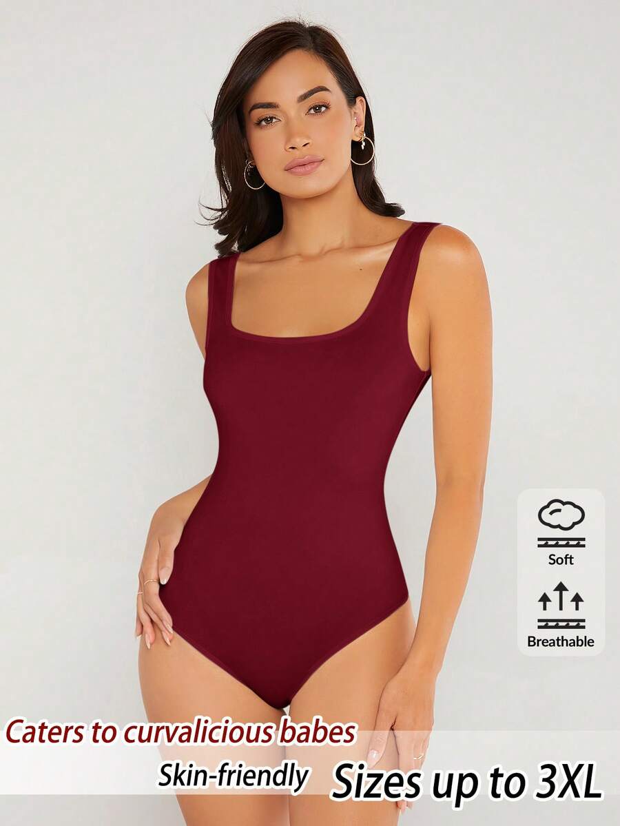 SHEIN BASICS 大尺碼女款純色方領休閒背心連身衣 - 酒紅色 - 查看 1