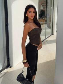 Aloruh Women's Sexy Bandeau Bustier PU Top Night Out Club Party Shades Of Brown Autumn - Brown - View 5