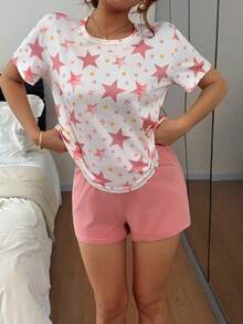 Dream Adore Women's Star Print Short Sleeve Top And Solid Color Shorts Pajama Set - Multicolor - View 5