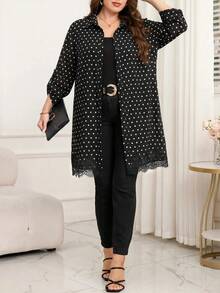 Reflora Plus Size French Fashion Polka Dot Print Lace Patchwork Button Shirt - Black and White - View 4