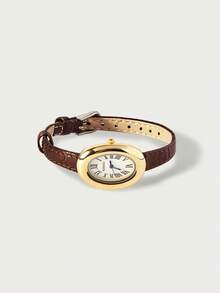 Glisma 1pc Women's Oval Roman Numerals Casual Elegant Quartz Wrist Watch, Suitable For Daily Wear - Brown - View 3
