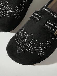 Solecia Women's Shoes Four Seasons Retro Embroidery Buckle Round Toe Flat Heel Thick Sole Suede Closed Toe Daily Casual Shoes - Black - View 5