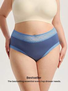 LUVLETTE Plus 3-Pack Lace Trim Cotton High-Waist Briefs Women Underwear Panties Set- Floral Print Lace Trim--Blue - Multicolor - View 5