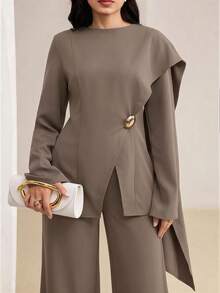 Veilorie 大尺碼女款金屬設計長袖上衣與長褲優雅兩件套 - 卡其色 - 查看 1