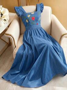 GlowEve Women's Floral Embroidered Pattern Pleated Casual Party Denim Dress - Blue - View 1