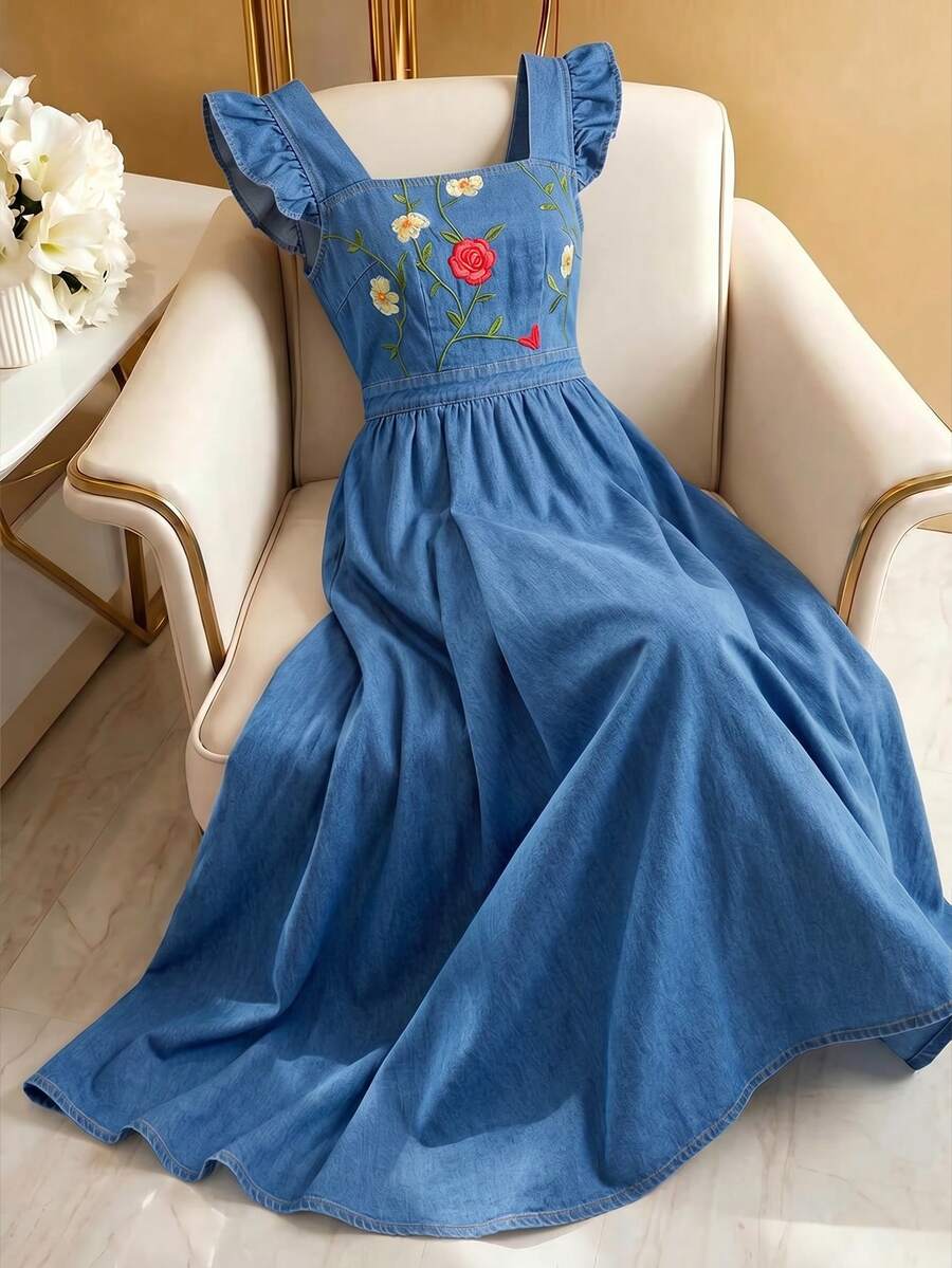 GlowEve Women's Floral Embroidered Pattern Pleated Casual Party Denim Dress - Blue - View 1