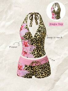Elavelle Top de bikini con tirantes finos y lazo con estampado aleatorio para mujer, primavera/verano - Multicolor - View 1