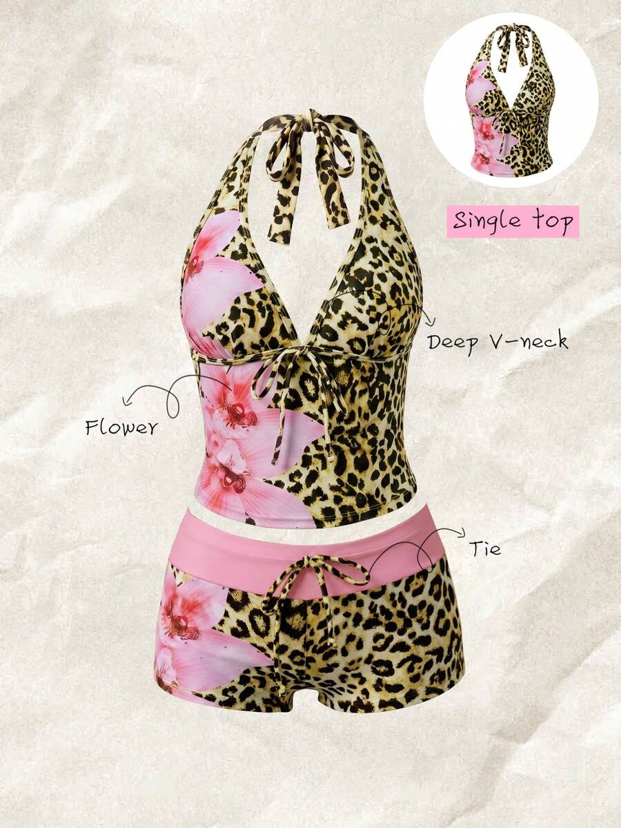 Elavelle Top de bikini con tirantes finos y lazo con estampado aleatorio para mujer, primavera/verano - Multicolor - View 1