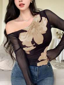 Modelyn 女款純色網布拼接印花不對稱肩不對稱設計百褶極簡性感T恤 - 杏色 - 查看 5