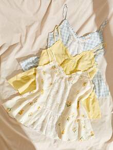 Lullawish 3pcs Bohemian Vacation Style Floral & Plaid Print Contrast Solid Color Lace Trim Camisole Sleepwear Tops For Women - Multicolor - View 6