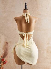 Bellisia 2026 Spring/Summer New Yellow Solid Color Textured Fabric Tie Decor Women's One-Piece Two Pieces Set Sexy Casual Style Rock Y2K Beach Outfit Beach - Pale Yellow - View 2