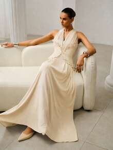 ZEYLAH Elegant Extra-Long Fitted Dress With Ruched Ruffle Hem, Spring/Summer - Apricot - View 7