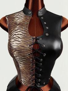 Mistrie Damen Sexy Zebra-Muster Schnürung Tanktop - Verschiedenfarbig - Übersicht 1