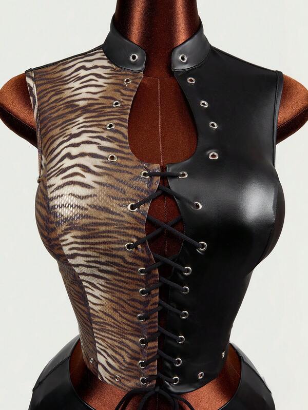 Mistrie Women's Sexy Zebra Print Lace-Up Tank Top