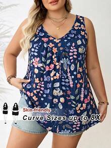 SHEIN CURVE+ 女款大尺碼綠色V領寬鬆背心 - 藏蓝色 - 查看 1