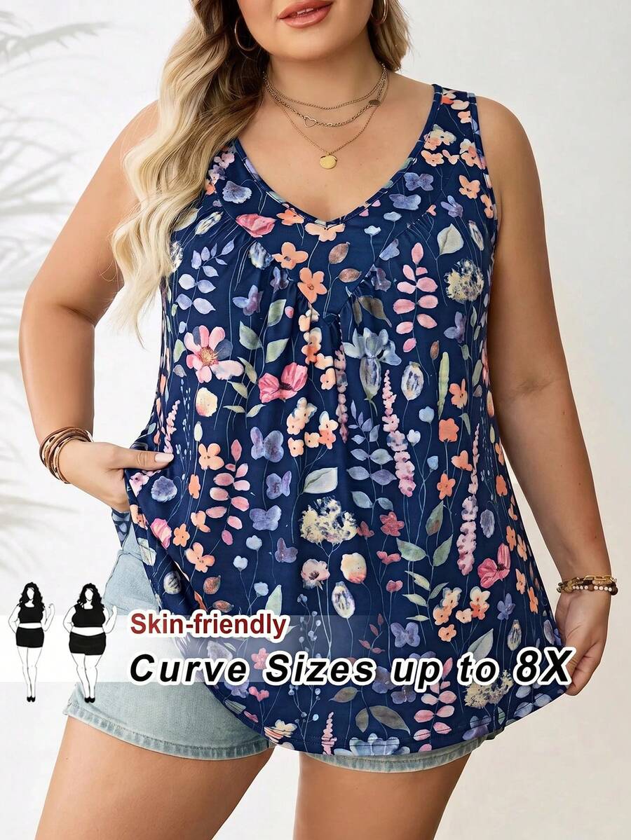 SHEIN CURVE+ 女款大尺碼綠色V領寬鬆背心 - 藏蓝色 - 查看 1