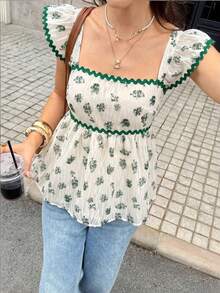 Serisse Women's Ditsy Floral Square Neck Flutter Sleeve Blouse For Vacation White Floral Summer Sexy Gothic Tropical Elegant Tea Party Vintage - Green - View 6