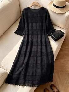 Rusticease Elegant Lace Hollow Round Neck Dress For Middle-Aged And Elderly Women - Navy Blue - View 3