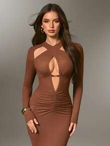 Nuvra Fashionable Sexy Solid Color Hollow Out Bodycon Dress - Brown - View 6