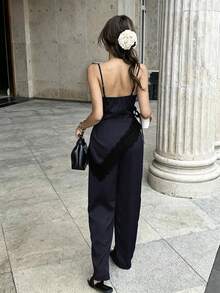 Franclia Women's Romantic Satin Glossy Sexy Navy Blue Camisole Lace Asymmetric Shirt Tank Top Party Night Out Lounge Vacation Beach Summer 2-Piece Set - Royal Blue - View 2