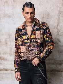 Skyrend Men Patchwork Print Long Sleeve Shirt, Fallemo Gothic Punk Streetwear For Emo Boy Grunge - Multicolor - View 5