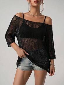 SHEIN ICON Women's Fashion Vacation Asymmetrical Shoulder Sheer Knit Top - Black - View 5