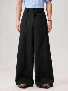 Manfinity Streetrush Men's Basic Casual Solid Color Loose Fit Pants Black Wide Leg Trousers Men Baggy For Fall - Black - View 5
