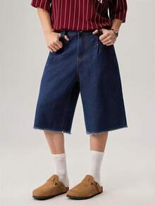 Vaulklash Men's Solid Color Minimalist Denim Wide Leg Shorts - Dark Wash - View 1