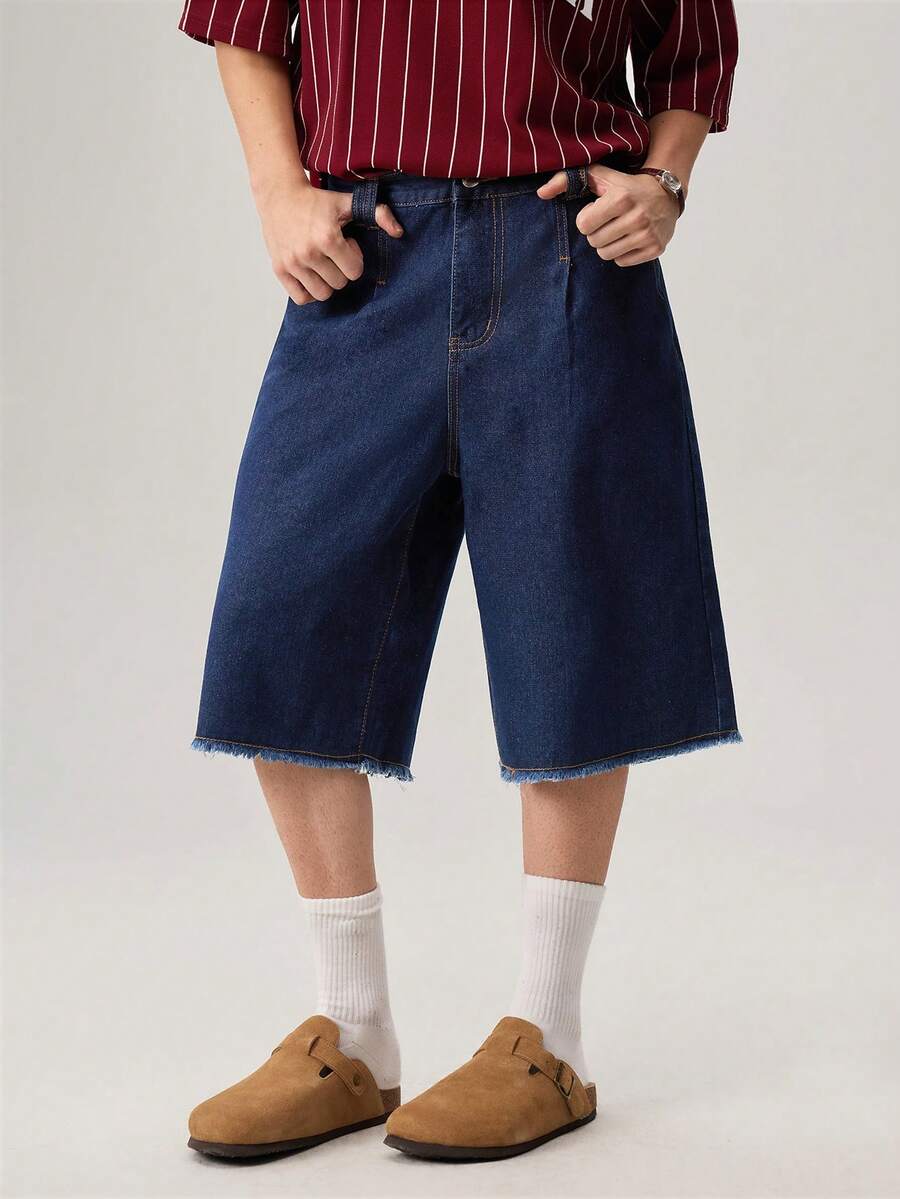 Vaulklash Men's Solid Color Minimalist Denim Wide Leg Shorts - Dark Wash - View 1