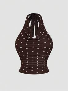 Sweetra Damen 2-teiliges Set: Spaghettiträger-Cowl-Neck-Pullover-Camisole-Top & figurbetonter Rock mit Polka-Dot-Blumenmuster und Meerjungfrauen-Saum, eleganter Vintage-Urlaubsstil - Kaffeebraun - Übersicht 8