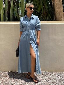 Livesso Summer Autumn Collared Long Sleeve Button-Up Waist-Cinching Light Blue Solid Color Women's Denim Dress Vacation - Blue - View 4