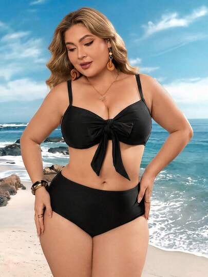 Swim Lushoire Plus Size Women Summer Beach Solid Color Sexy Bikini & Triangle Panty Two-Piece Swimsuit Set