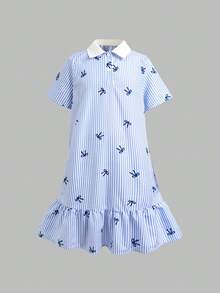 Đầm bé gái tween phong cách thường ngày thoải mái, cổ đứng, phối màu colorblock, gân tăm, màu trơn, họa tiết nơ, đầm công chúa đi học, phù hợp tiệc tốt nghiệp, tiệc sinh nhật, Y2K, thời trang đường phố cá tính, ngọt ngào cool girl cho trẻ em - Màu xanh lam - Xem 7