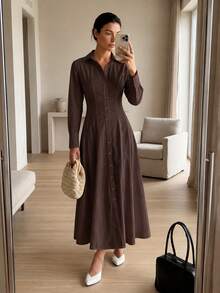 COSMINA Women's Casual Versatile Long Shirt Dress - Brown - View 3