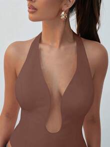Hauture 女款純色性感掛脖上衣，適合約會與外出 - 棕色 - 查看 6