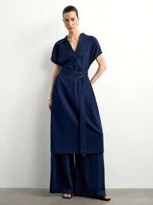 Aalyst Conjunto elegante de 2 piezas para mujer de unicolor con camisa larga de manga corta y cuello en V y pantalones, azul marino, para oficina en verano - Azul Marino - Ver 4