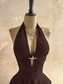 Soleia Women's Vacation Beach Vacation Backless Halter Mini Dress Dark Brown Summer Sexy Tropical - Coffee Brown - View 3