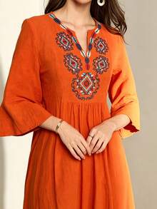 Al Najma Geo Embroidery Notched Neck Flounce Sleeve Smock Dress - Orange - View 4