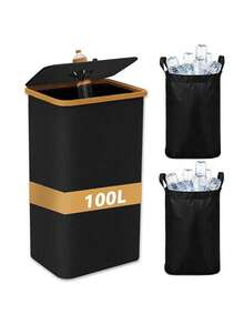 100-Liter Bamboo Frame Storage Bottle Recycling Box| Folding Large Trash Can Laundry Basket For Storage Of Cans And Cans Suitable For Home Kitchens And Bathrooms - Multicolor - View 7