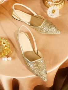 CUCCOO TILAWA Women Rhinestone Decor Pointed Toe Slingback Flat Sandals, Elegant Golden Glitter Back Strap Mule Pumps, Wedding Party Dress Slip On Shoes - Gold - View 1
