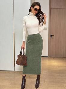 Easowa 秋冬款毛絨羅紋卡其色優雅長款女式裙 - 綠色 - 查看 5