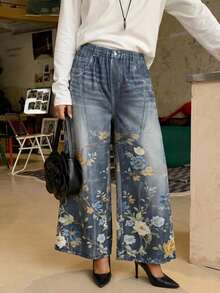 Travachic Plus Size Women's Floral Print Wide Leg Loose Casual Long Pants Fall - Black - View 3