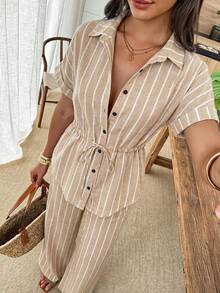 Elouméa 女款標準尺寸夏秋襯衫套裝，抽繩收腰設計，連袖款，棉感條紋面料，休閒通勤穿搭 - 彩色 - 查看 4