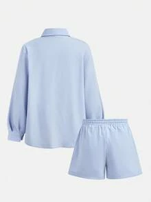 SHEIN Tween女孩休閒溫柔風淺藍色襯衫短褲兩件套 - 藍色 - 查看 3