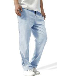 Manfinity Homme Pantalones rectos de unicolor con cordón en la cintura para hombres, otoño - Celeste - Ver 3