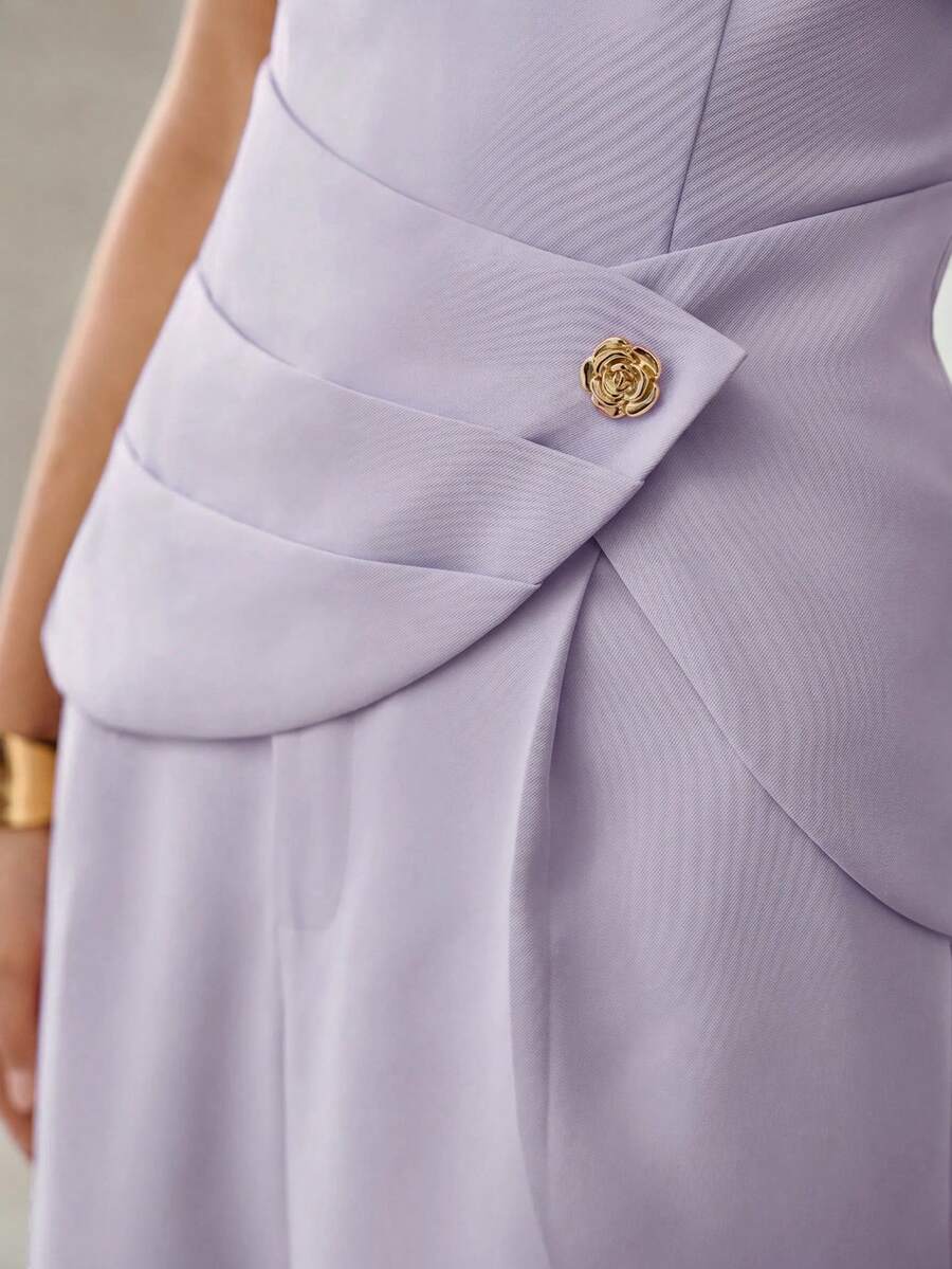 MOTF PREMIUM YELLOW STRAPLESS SLIMMING EXQUISITE ROSE BUTTON DECOR ELEGANT CASUAL COMMUTE 2 PIECES SET - Mauve Purple - View 2