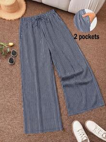 SHEIN Frenchy Plus Size Women Navy Blue Striped Casual Pants Fall - Multicolor - View 4