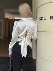 Siren Gaze Elegant Solid Color Satin Pleated Backless Tie Bow Blouse, Women's Autumn New Slim Fit Puff Sleeve Shirt, Off White, French Style, Party Office Dinner - Apricot - View 8